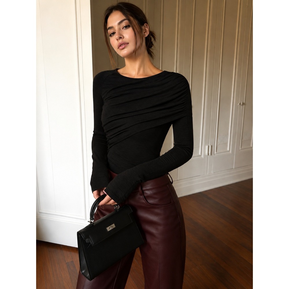 COMMENSE Black Layered Pleated Long Sleeve Shirt Top M US 6 NWT